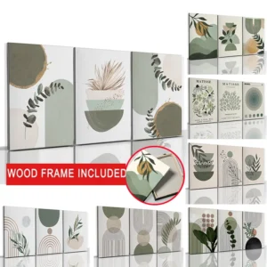 3pcs Bohemian Sage Green Wall Art Canvas Painting with Framed Nordic Abstract Geometric Plant Leaves Posters Bedroom Home Decor