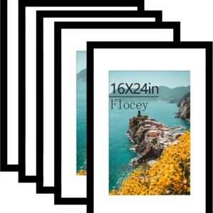 16x24 Picture Frame Set of 5, Black Poster Frame, Display Pictures 12 x 18 with Mat or 16x 24 Without Mat