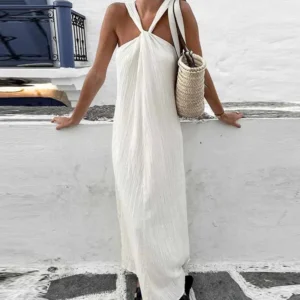 2025 Summer Women Halter Neck Long Dress Casual Loose Vacation Beach Sundress Female Boho Sleeveless Spaghetti Strap Vestidos