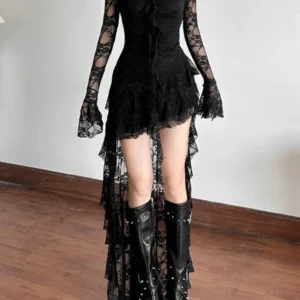 AltGoth Mall Goth Fairycore Dress Women Vintage Aesthetic Elegant Sweet Sexy See Through Irregular Hem High Waist Corset Dress