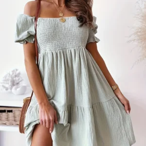 2025 Spring Summer Women's Casual Off-Shoulder Dress with Ruching, Bubble Sleeves, Midi-Length, Stretchy, Elegant Ruffles