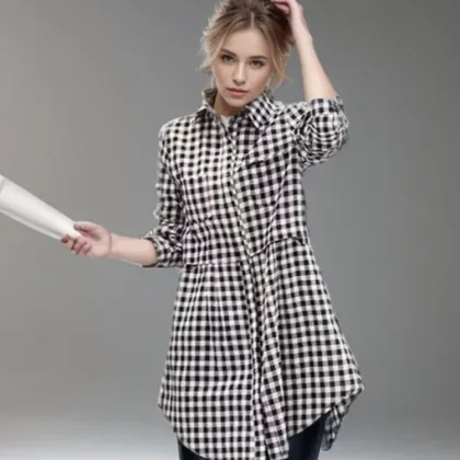 New Korean Fashion Blouses Plaid Button Solid Midi Autumn Shirt Female Plus Size All-match Loose Long Sleeve Polo-Neck Blouse