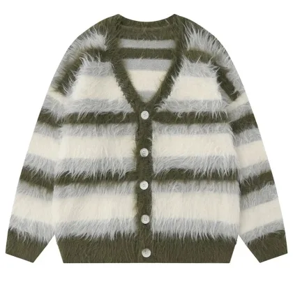Striped Plush V-neck Sweater Men's Loose Casual Brushed Knit Trendy Couple Versatile Comfortable Harajuku High Street Cardigan