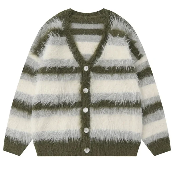 Striped Plush V-neck Sweater Men's Loose Casual Brushed Knit Trendy Couple Versatile Comfortable Harajuku High Street Cardigan