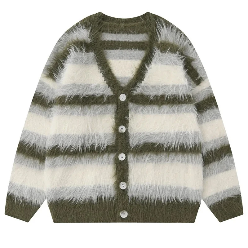 Striped Plush V-neck Sweater Men's Loose Casual Brushed Knit Trendy Couple Versatile Comfortable Harajuku High Street Cardigan