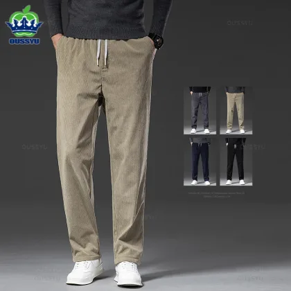 Four Seasons Men's Corduroy Casual Pants Elastic Waist Business Fashion Straight Loose Trousers Male Black Khaki Blue M-5XL