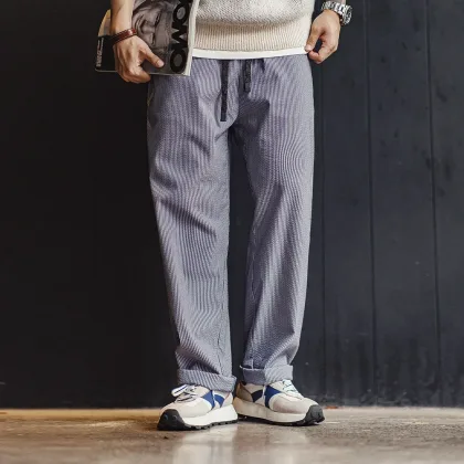 Maden Easypants Seersucker Striped Casual Pants with Elastic Waist And Drawstring Design Iron-free Straight Trousers for Men