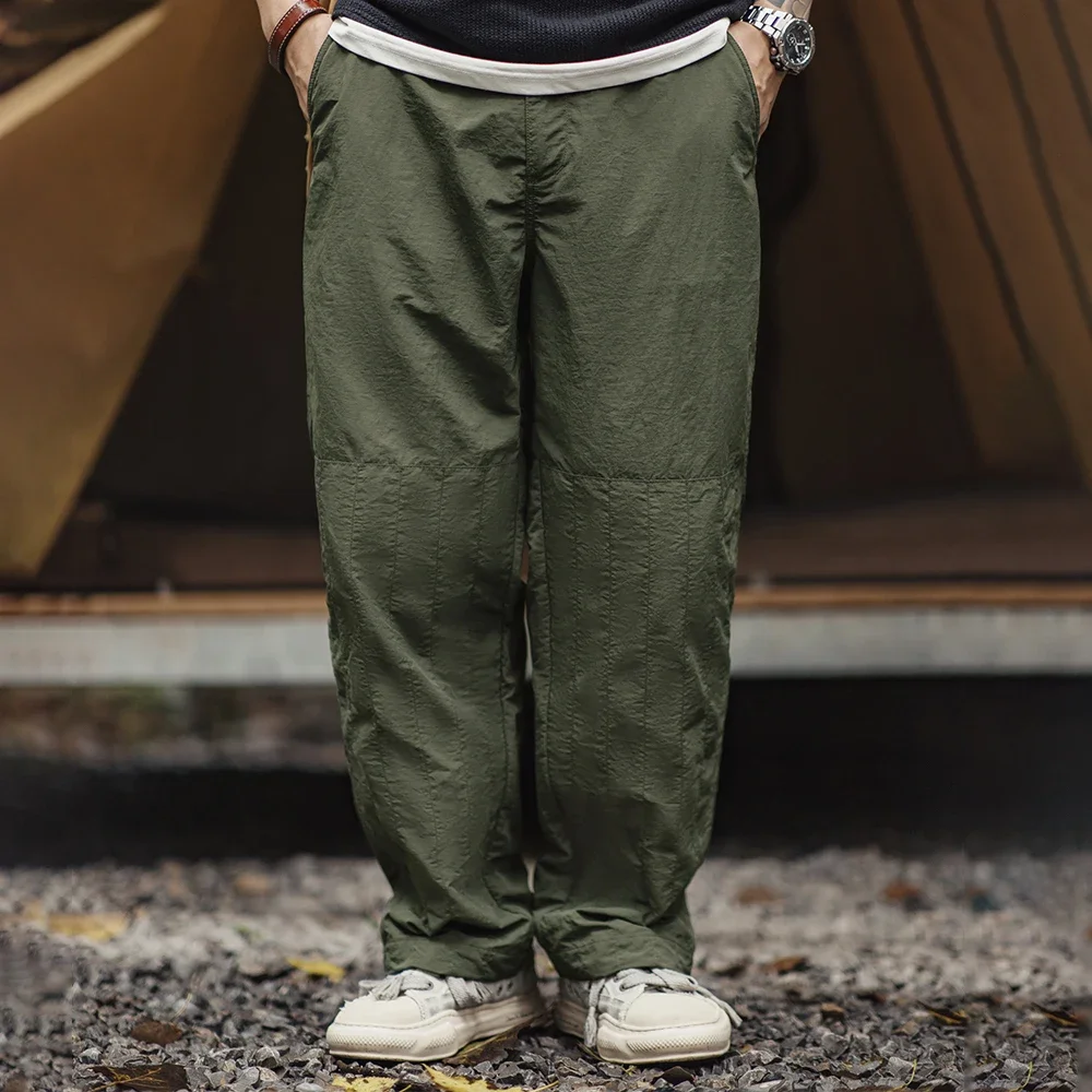 Maden Retro Thin Pants with No Elastic Waist and Braided Hemp Rope Elastic Leg Design Pants Green Straight Casual Pants for Men