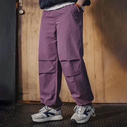 Maden Men's New Vintage Thin Wrinkled Paratrooper Pants Elastic Waist Casual Straight Trousers for Spring Versatile Sweatpants