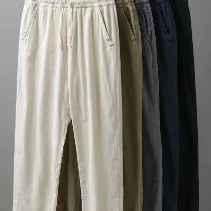 DUKEEN Breathable Linen Pants Men 2025 Summer Fashion Thin Ankle-Length Pants Elastic Waist Straight-Leg Men's Clothing