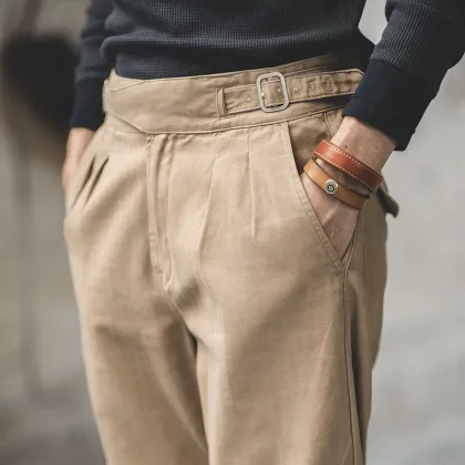 Maden Vintage Adjustable High Waist Gurkha Pants Men's Casual  Double Pleated  Straight Tapered Pants Amekaji Cotton Trousers