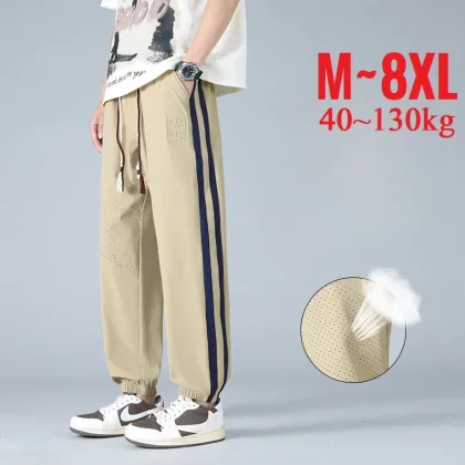 Lightweight Men's Summer Pants Elastic Sport Ice Silk Jogger Trouser Male Big Size Plus Large 7XL 8XL Stretch Elstane Sweatpant