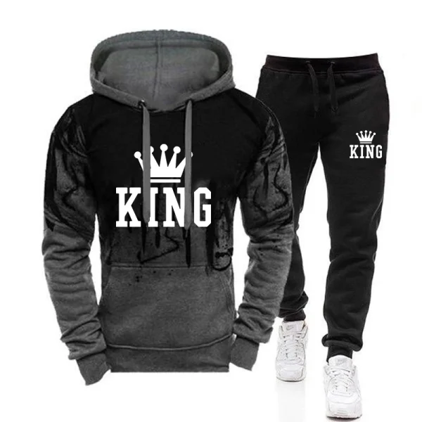 2025 Trend Menswear King Printing Casual Hooded Sweatshirts+Pants Set Jogging Clothing Splash-ink Suit Hot Sales Mens Tracksuit