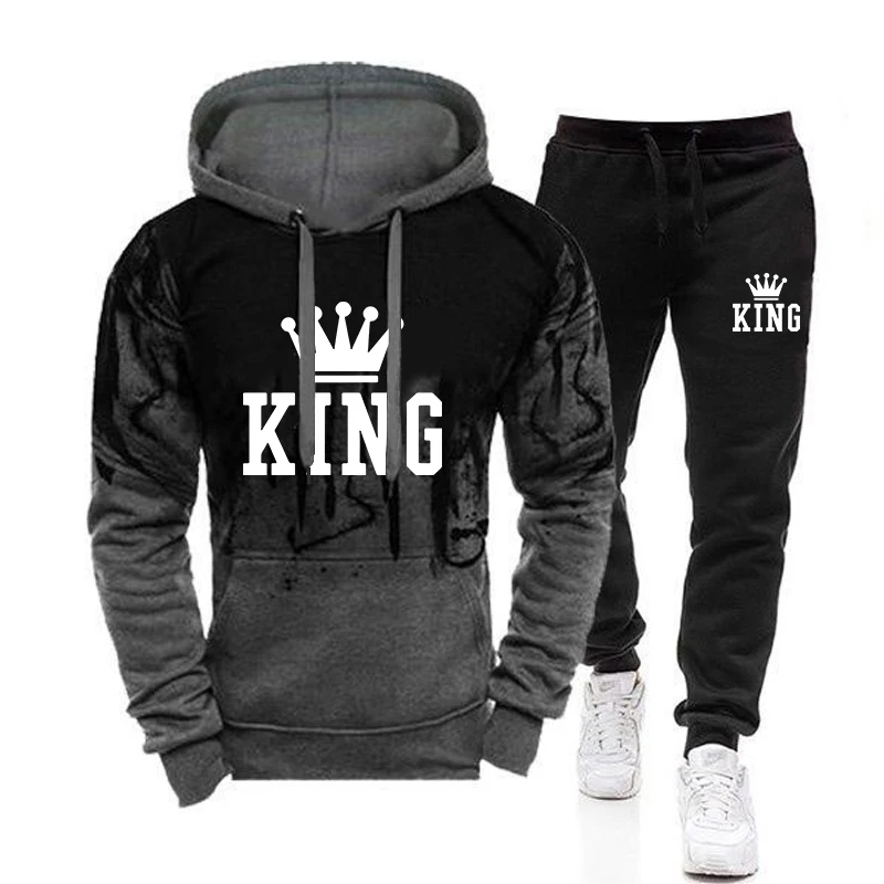 2025 Trend Menswear King Printing Casual Hooded Sweatshirts+Pants Set Jogging Clothing Splash-ink Suit Hot Sales Mens Tracksuit