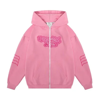 Kussia88 Y2K Zip Up Hoodie Men Women Trendy Art Embroidery Sweatshirt Fashion Harajuku Pink Oversized Streetwear Unisex Clothing