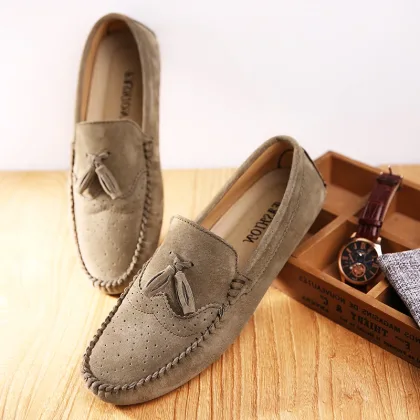 Fashion Brand Men's Suede Leather Shoes Soft Soles Comfortable Men's Loafers Massage Soles New Blue Commuting Driving Shoes