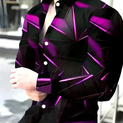 Fashion Men's Long Sleeves Shirts 3D Geometric Print Men's Casual Buttoned Long Sleeve Shirts Men's Spring  Autumn Men's Tops