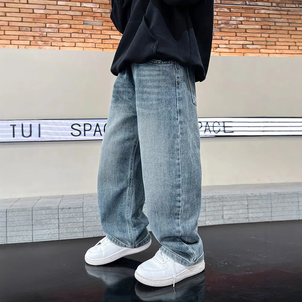 Spring Boys Jeans Pants Kids boys Wide Leg Straight Trousers Loose-Fit Casual Trousers Childrens Trendy Sweatpants Pant 5-14Y