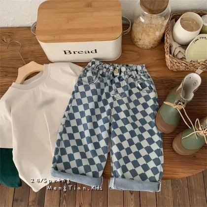 2-7 Y Kids Pants Plaid Boys Trousers Denim Kids Pants Casual Boys Jeans Fashion Kids Full Length Pants