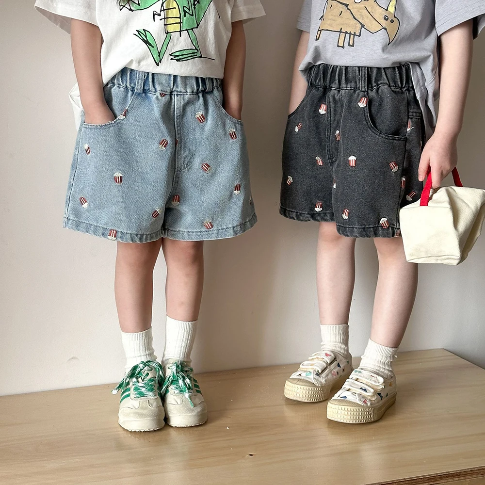 2025 Summer Kids Denim Shorts for Boys Girls Popcorn Embroidery Elastic Waist Casual Knee Length Pants