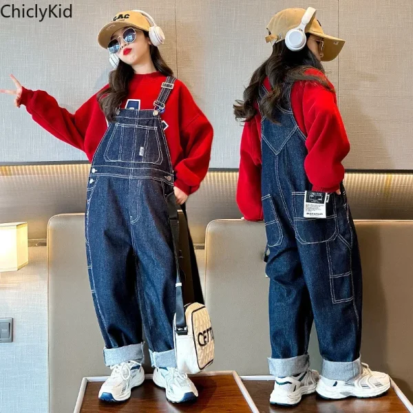 Hip Hop Girls Loose Denim Jumpsuits Label Overalls Dungaree BoysWide Leg Straight Trousers Child Kid Fashion Casual Jeans Pants