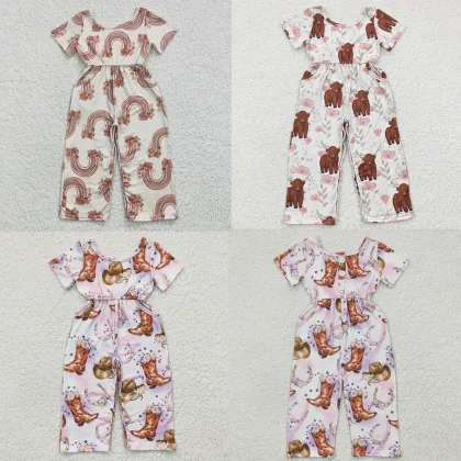 Wholesale Baby Girl Jumpsuit Toddler Children Western Short Sleeves One-piece Kid Bell Pants Western Cow Print Floral New Romper