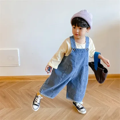 2024 Autumn New Children Loose Overalls boys girls casual all-match denim Trousers Spring Fall Solid Outwear 1-7Y Kids bib pants