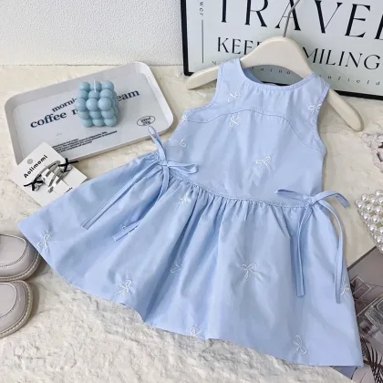 New girls' simple sleeveless vest dress summer new 2025 baby girl shirt bow print dress
