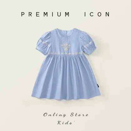 Girls' embroidered dress 2025 summer dress children's French sky blue bubble short sleeved princess dress