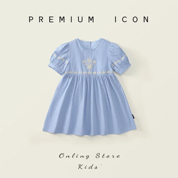 Girls' embroidered dress 2025 summer dress children's French sky blue bubble short sleeved princess dress