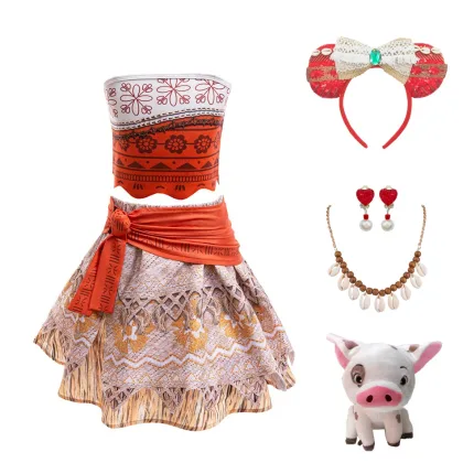 Moana Cosplay Dress For Girl New Little Girl Two Piece Suit Children Geometric Print Clothes Halloween Carnival Outfit Moana