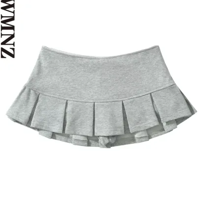 XNWMNZ 2024 Women Fashion Low waist Mini Skirt Wide Pleat Terry fabric Side Zipper A Line Skort The Spice Girls Hot Sweet Female