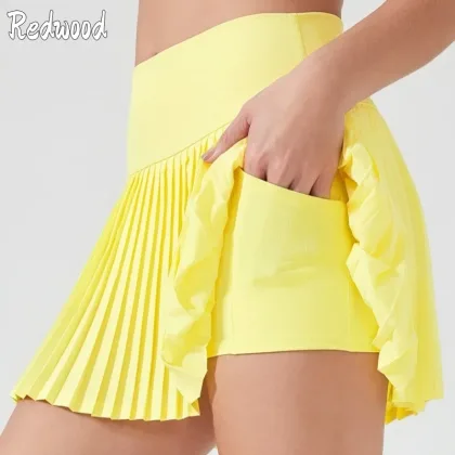 Pleated Tennis Skirt Sports High Waisted Women Fitness Golf Slimming Side Pocket Short Skirts Girl Comfort Safety Stretch Shorts