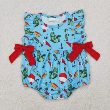 3.27y NEW stock baby summer girls romper wholesale boutique fishing float red bow blue vest rompers