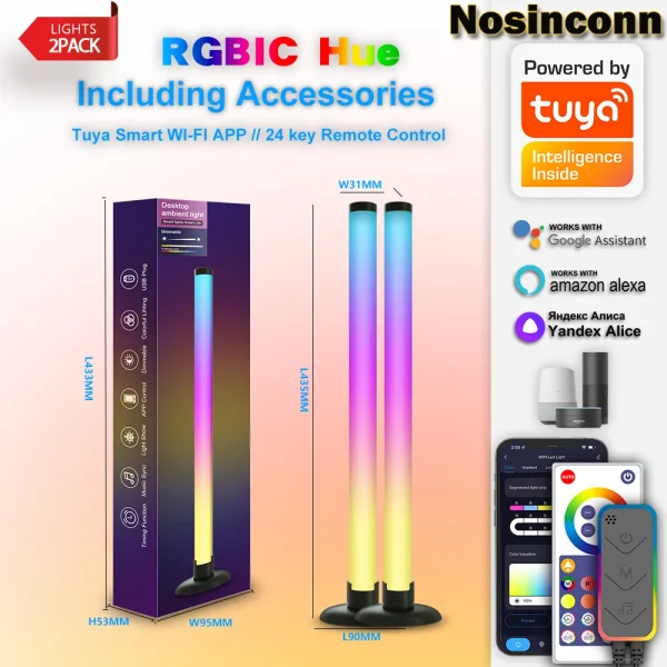 320deg LED Bar Light 10W 2 Packs RGBIC USB 5V LED Computer Bar Lamp Bluetooth Wifi Smart Control Ambient Lighting for Game Room