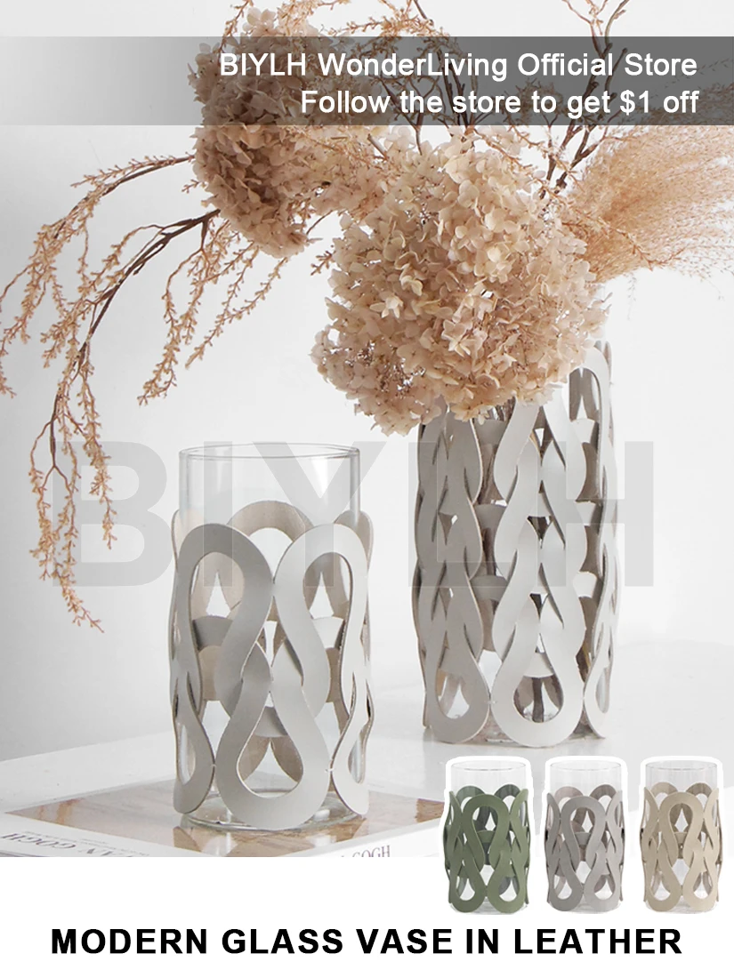 Leather Glass Vase European Luxury Home Decoration Vase Tabletop Vase Decor Leather Wrapped Hydroponic Plant Container Plantpot