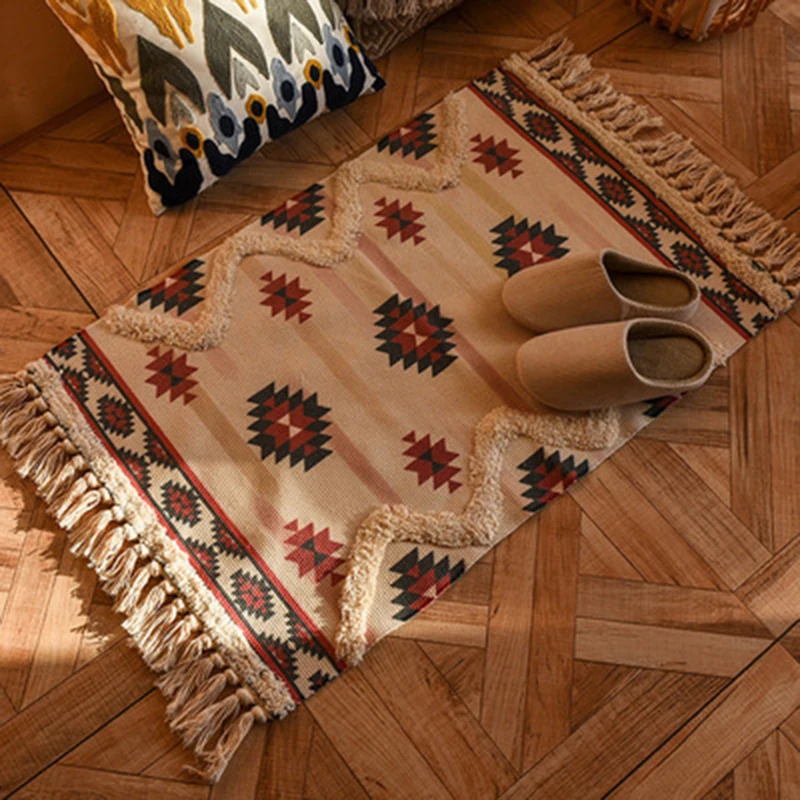 Retro Bohemian Hand Woven Tassel Carpet for Home Living Room Home Decor Bedside Linen Rug Table Runner Door Linen Mat 60x90cm
