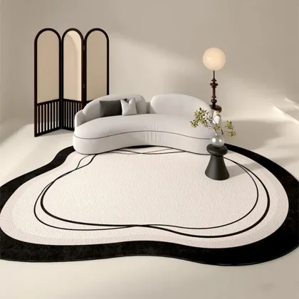 VIKAMA Minimalist Line Design Faux Wool Rug - Ultra-Thin, Stain-Resistant, Non-Slip Carpet for Bedside & Living Room, Soft Mat