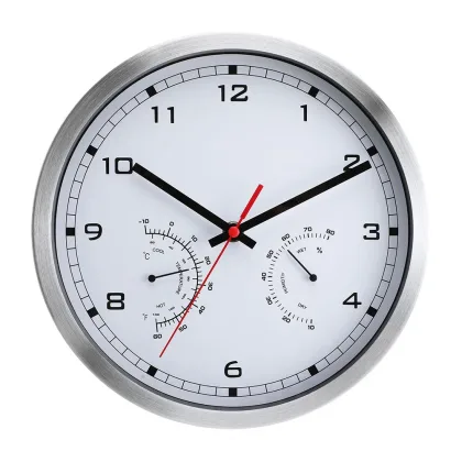 Battery Operated Wall Clock with Silent Movement and Temperature Humidity Display 10 Inch Aluminum Frame Design