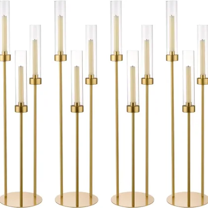 4pcs Gold Candelabra 3 Arm Hurricane Candle Holders Centerpiece for Table Centerpiece Party Decorative Candlestick Holder