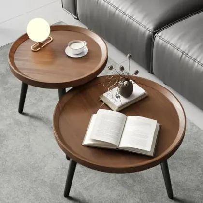 2 PCS Small Round Coffee Table, Walnut Nesting Tables for Small Spaces, Mid Century Modern Centre Table, Easy Assembly Circle