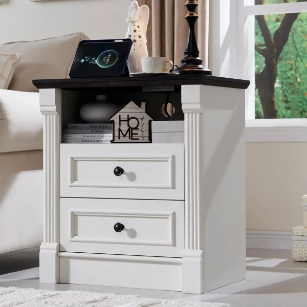 26"*23.6" large pastoral wooden side table with charging station, dresser with Roman Columns, open shelving and 2 drawers.
