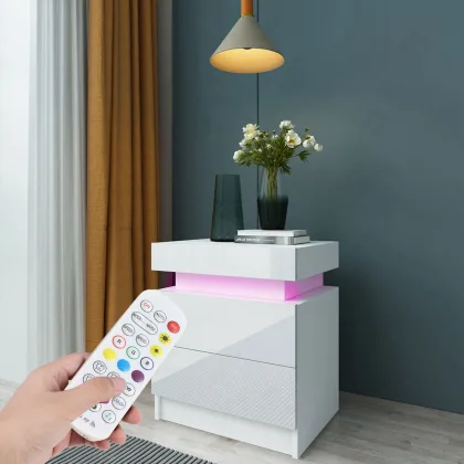 Bedside Desk Bedroom LED Nightstand Bedside Table Large Capacity RGB Light Storage Nightstand Cabinet with 2 Drawers for Bedroom