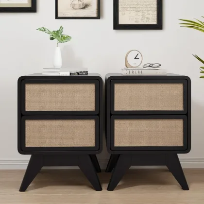 Mid Century Night Stand Set of 2, Wood Bedside Table Curved Round Edge Nightstands with 2 Drawers and Solid Wood Legs, En