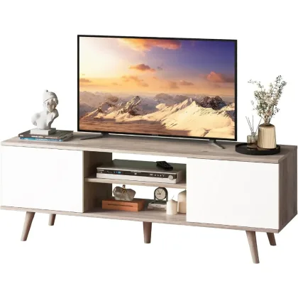 TV Stand for 55 60 inch TV, Boho Entertainment Center with Storage Cabinets, TV Console for Living Room Decor, Greige White
