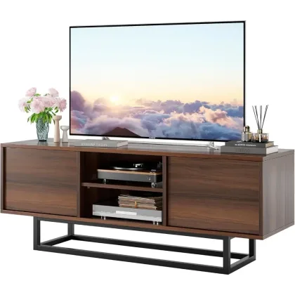 TV Stand, Modern TV Console Small Entertainment Center with Sturdy Metal Base, Push-to-Open Doors and Soft-Close Hinges