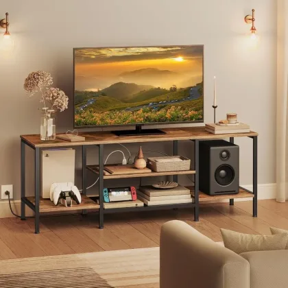 TV Stand with Power Outlets to 65 Inches, TV Console Table with Open Storage Shelves, Industrial Media Entertainment Center