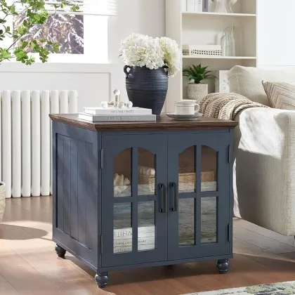 Farmhouse End Table with Charging Station,24" Large Sofa Side Table with Glass Barn Door,Rustic Wood Night Stand with Adjustable