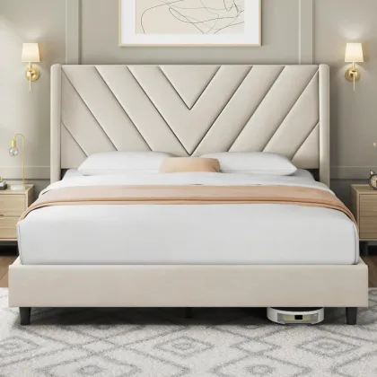 Bed Frame Upholstered Platform Bed with Wing Side/Wooden Slat Support/Tufted Headboard with Wing Side/Mattress Foundation