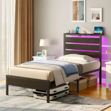 Full-size bed frame, USB charging, wooden storage headboard, black metal platform bed, under-bed storage